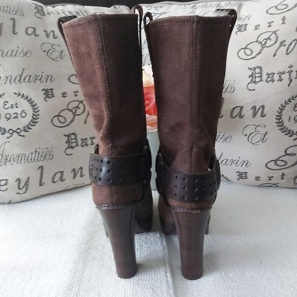 Frye Harmony heel suede leather boots brown harness platform - Picture 5 of 16
